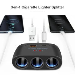 Adaptor Auto 3-în-1 – Brichetă 120W + USB/Type-C, Încărcare Rapidă 12V