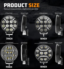 Proiector LED 7"/9" Rotund 96W/120W, 24.000LM, Albă + Galbenă Poziție și Stroboscop, 12–24V