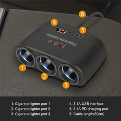 Adaptor Auto 3-în-1 – Brichetă 120W + USB/Type-C, Încărcare Rapidă 12V