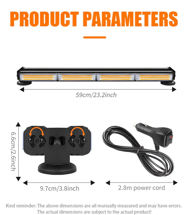 Bară Avertizare LED COB Stroboscopică – Galben, 12/24V, Montaj Magnetic - My Store