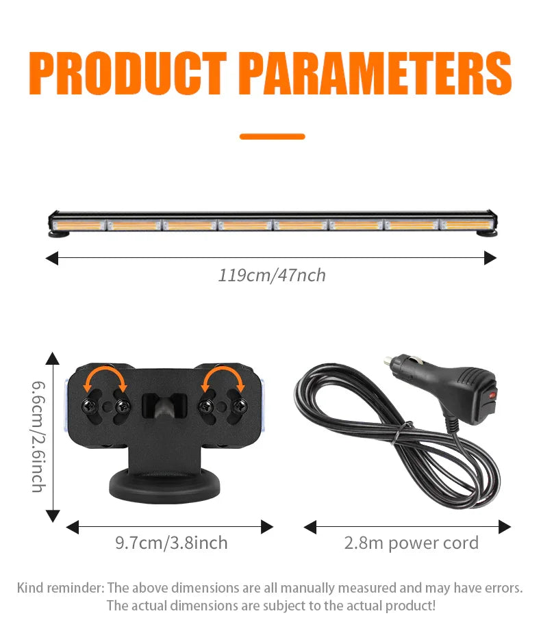 Bară Avertizare LED COB Stroboscopică – Galben, 12/24V, Montaj Magnetic - My Store