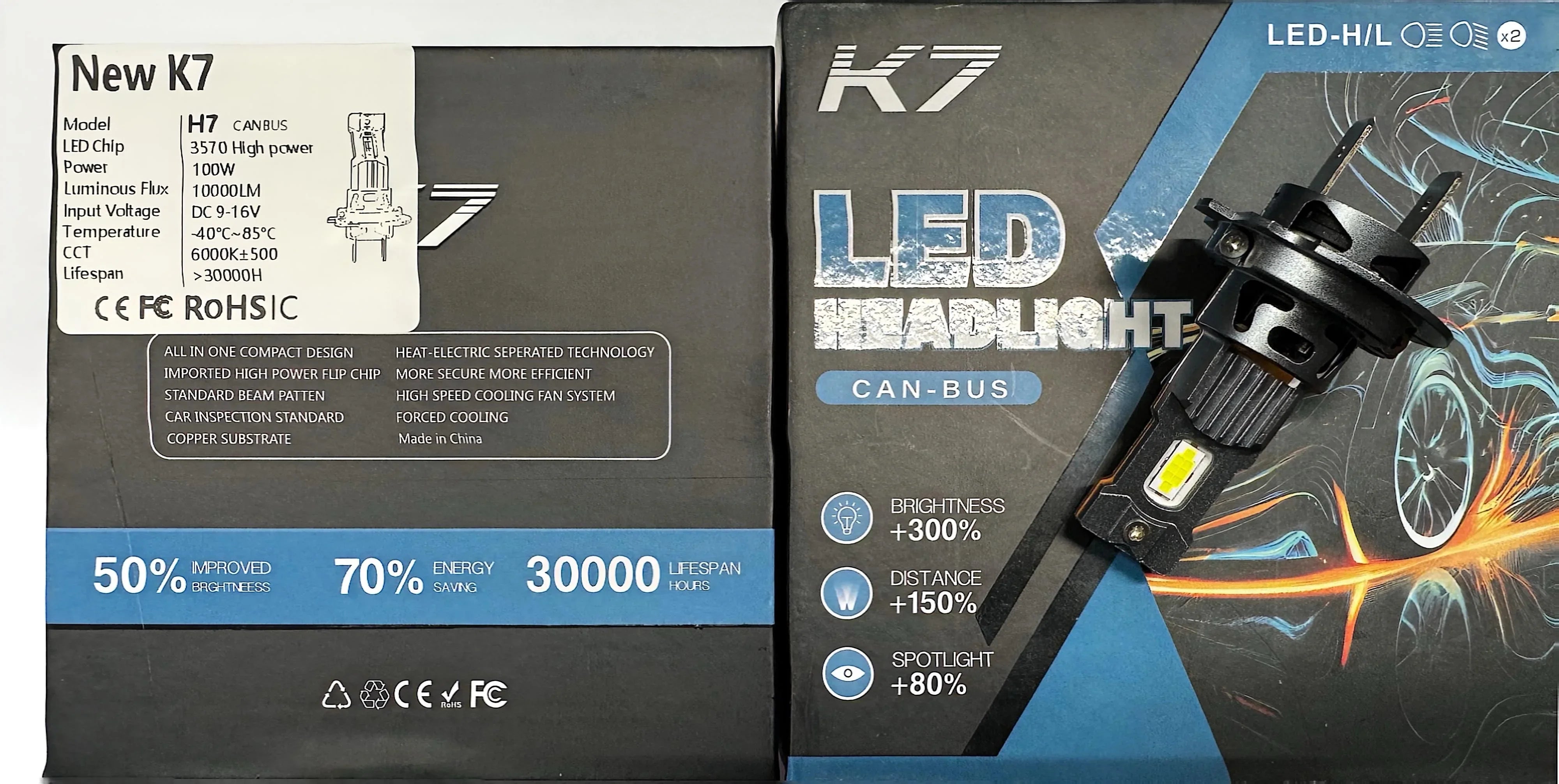 Set 2 Becuri LED Auto K7 1:1 – H7, 100W, 10000LM, 6000K, CANBUS - My Store
