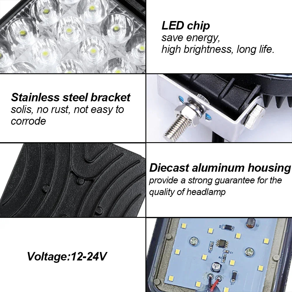 Set 4x Proiector LED Pătrat 48W Aluminiu – 12/24V, Alb 6000K - My Store