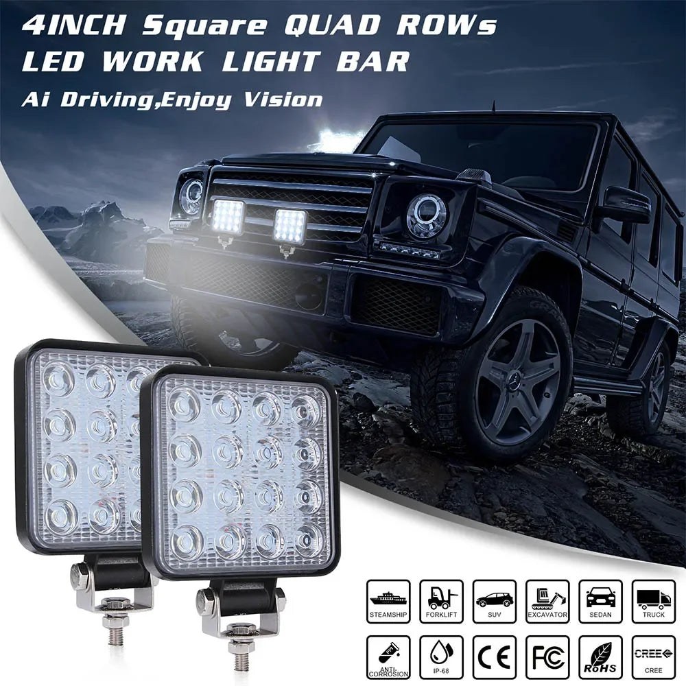 Set 4x Proiector LED Pătrat 48W Aluminiu – 12/24V, Alb 6000K - My Store