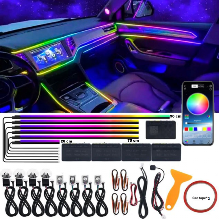 Kit Lumini Ambientale Auto Acrilic 18-în-1  RGB & Symphony, APP Control + Opțiune 4 Boxe Ambientale Ø15 cm
