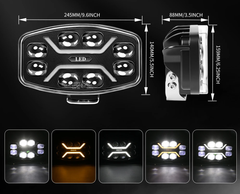 Proiector LED 9” pătrat 180W 25.000LM cu lupă, poziție albă & galbenă dinamică, 12–24V